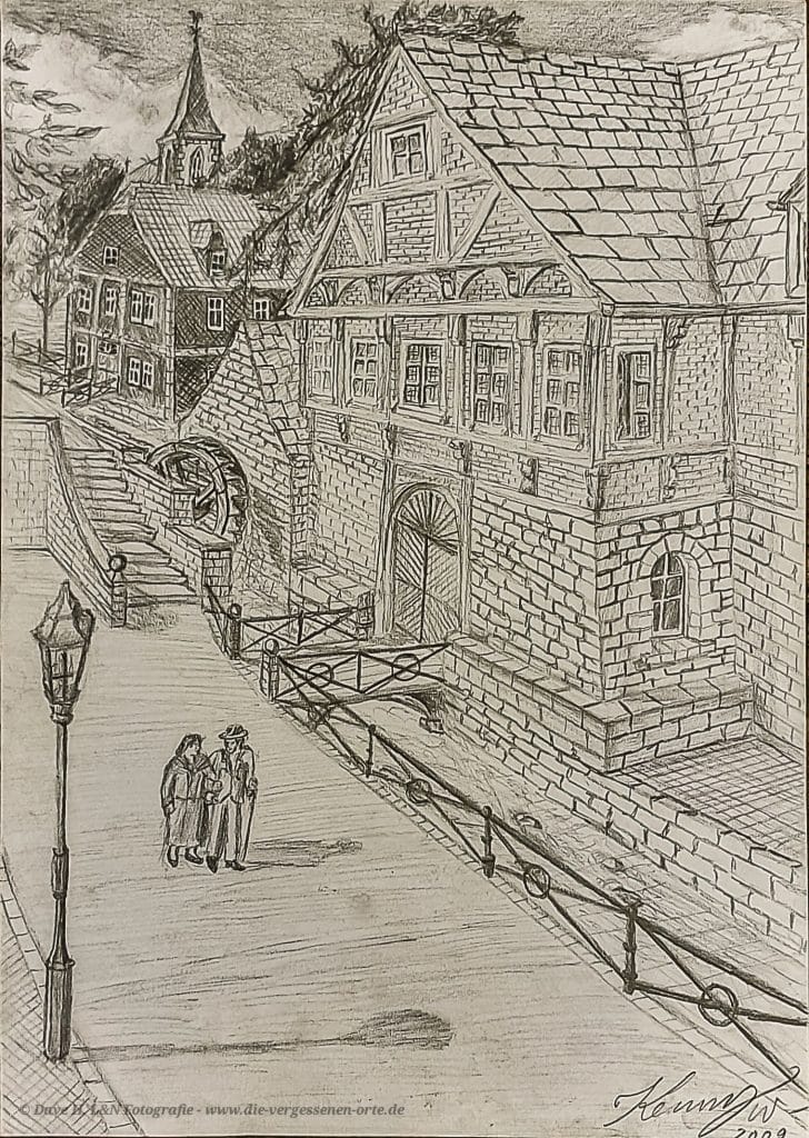 Bleistiftzeichnung einer mittelalterlichen Wassermühle mit Fachwerkfassade im Fantasy-Stil.