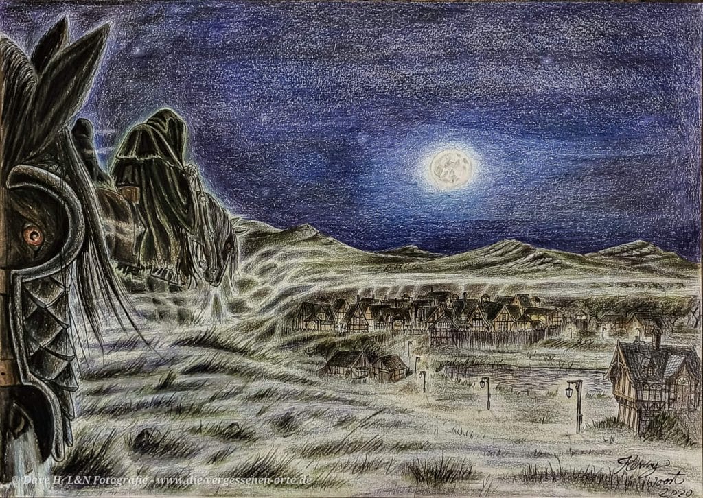 Magische Kunstwerke – Aquarellzeichnung inspiriert von Alan Lee mit mystischem Charakter der Nazgûl aus 'Der Herr der Ringe'.