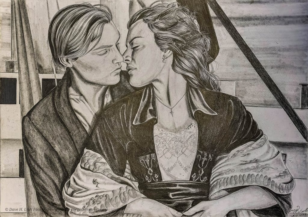 Jack und Rose am Bug des Schiffes, inspiriert von einer Filmszene. In einer realistischen Bleistiftzeichnung dargestellt.