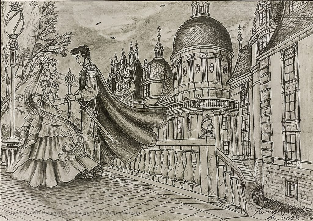 Fantasy-Malerei – Bleistiftzeichnung von Sailor Moon Fanart, die Prinzessin Serenity und Prinz Endymion vor dem Moon Castle zeigt.