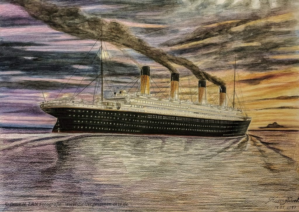 Realistische Aquarellmalerei der RMS Titanic im Abendrot auf dem Atlantischen Ozean. Inspiriert von dem Film von James Cameron.