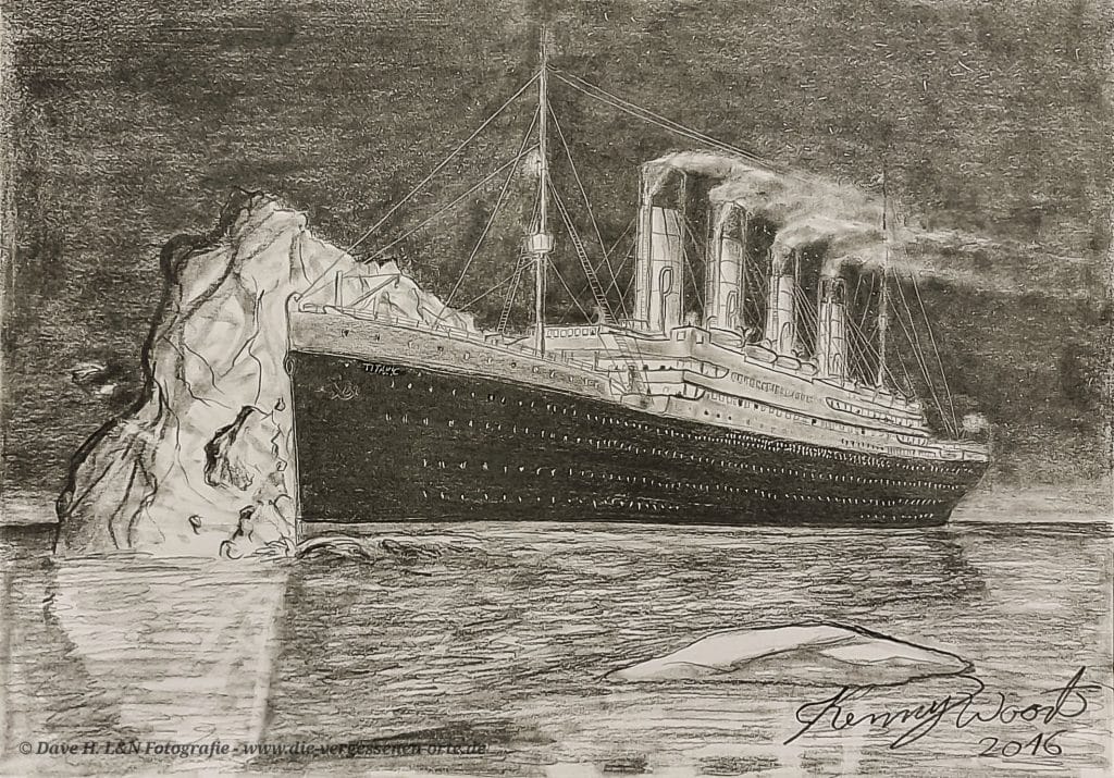 Detailreiche Darstellung der Kollision des Ozeanriesen mit dem Eisberg. Eine Bleistiftzeichnung aus meiner Kunstgalerie.