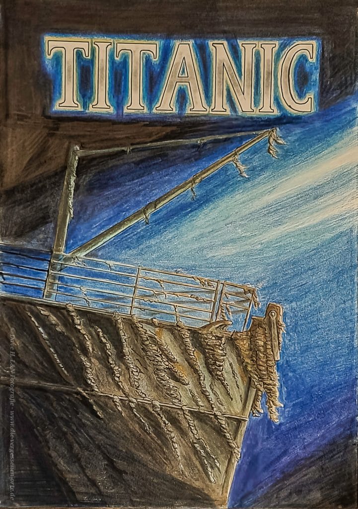 Realistisch gemalte Zeichnung des Wracks der Titanic auf dem Grund des Atlantischen Ozeans.