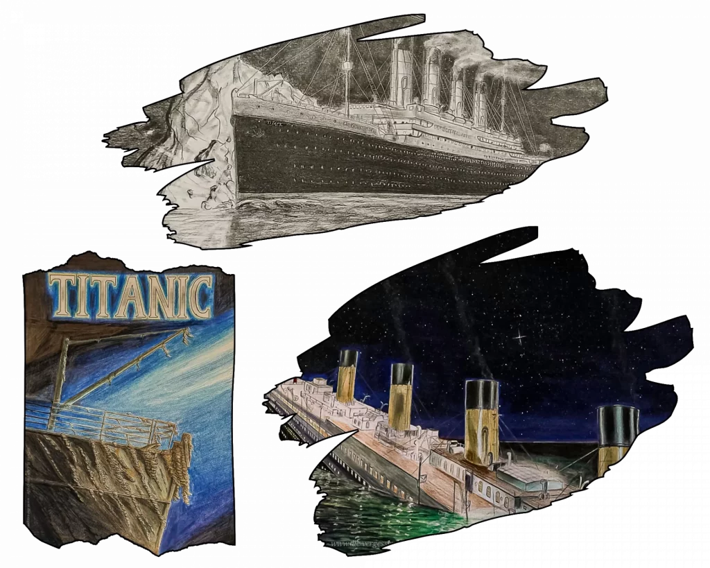 Collage drei faszinierender Zeichnungen der legendären Titanic.