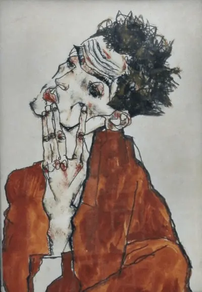 Selbstportrait von Egon Schiele. Es betont den Ausdruck und die Individualität der Portrait-Zeichnungen des 20. Jahrhunderts.