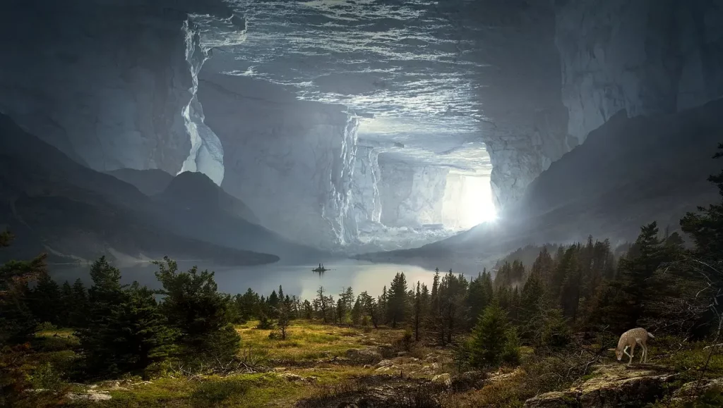 Digitale, fiktive Darstellung aus der Neuzeit einer Lichtdurchfluteten Felsenhöhle.