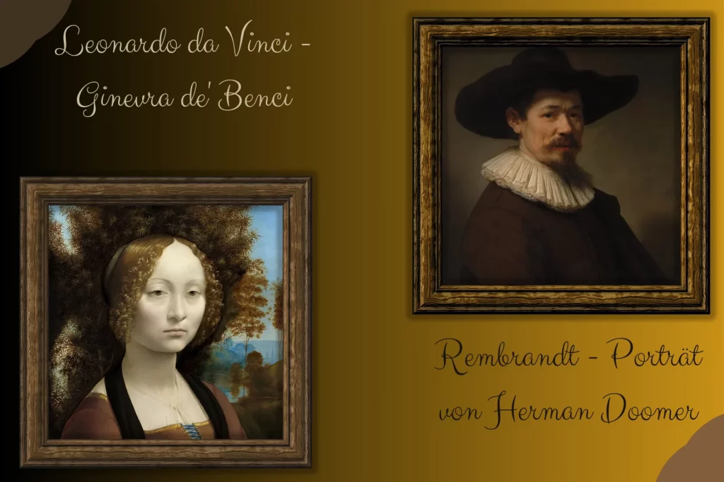 Collage zweier Portrait-Zeichnungen von Leonardo da Vinci und Rembrandt van Rijn