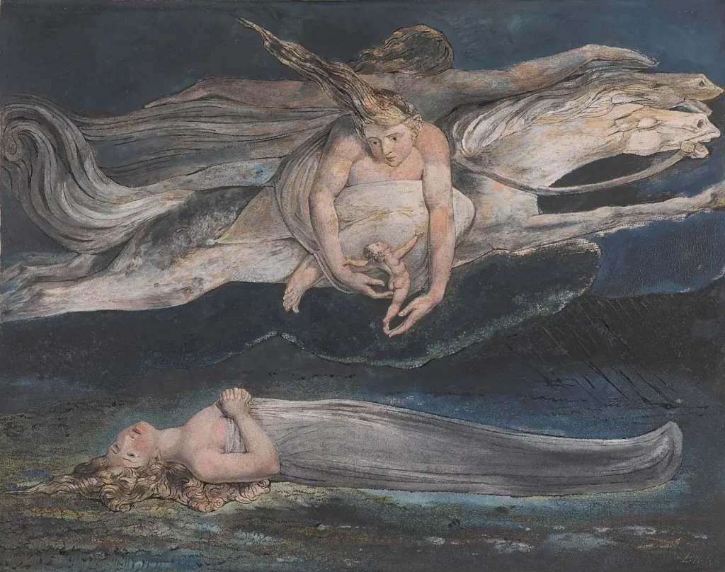 Fantasy-Malerei von William Blake aus 1795. Die Romantik ist in diesem magischen Kunstwerk deutlich zu erkennen.