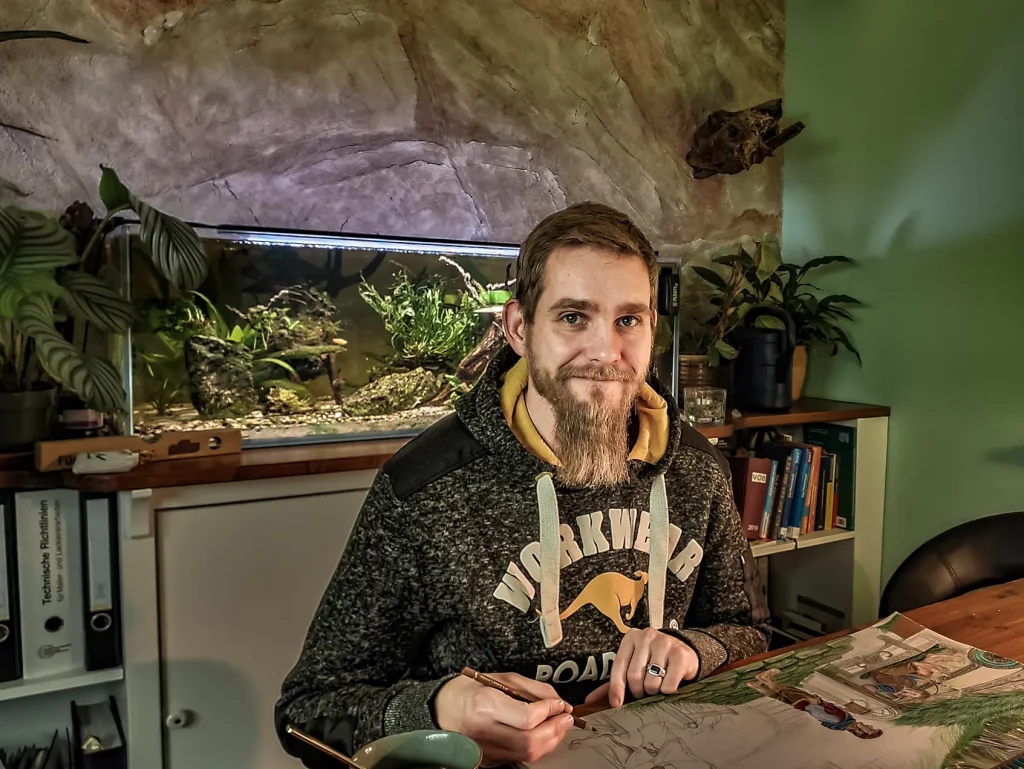 Portraitfoto von mir, wie ich gerade an einem Kunstwerk meiner realistischen Malerei arbeite.